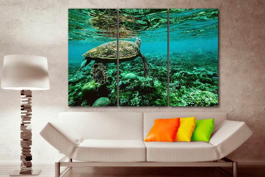 Turtle Animals decor Ocean life print Sea wall art Coral reef art Panoramic