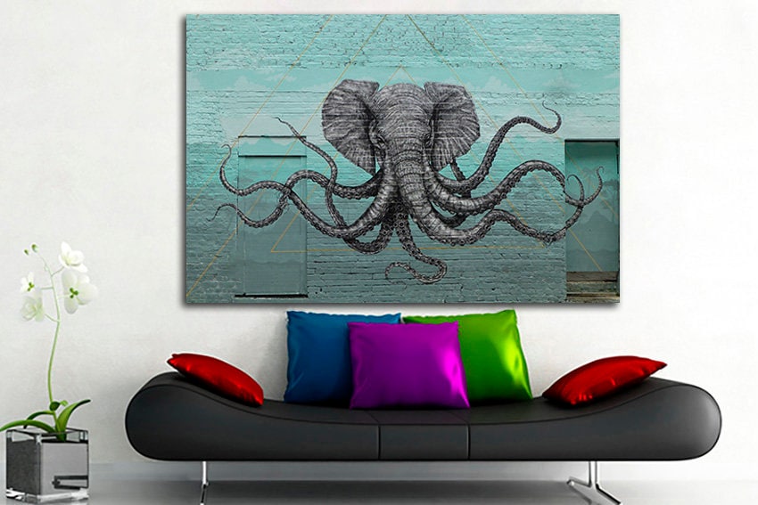 Elephant octopus Gallery wall set Graffiti art canvas Ready to hang