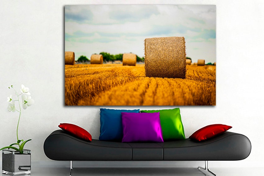 Fields Hay bales Nature print Landscape art Bales of hay Nature farm gift