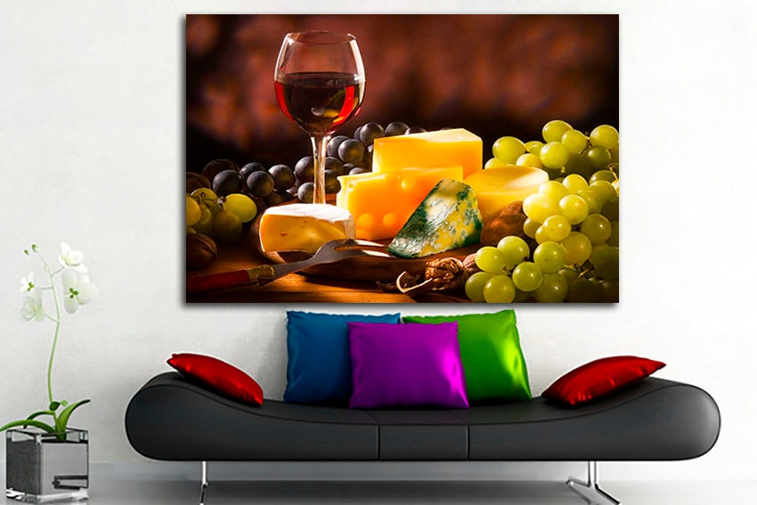 Red wine print on canvas Cheese decor Grapes art Wine kitchen gift Alcohol drink bar