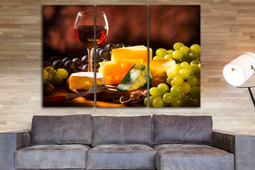 Red wine print on canvas Cheese decor Grapes art Wine kitchen gift Alcohol drink bar