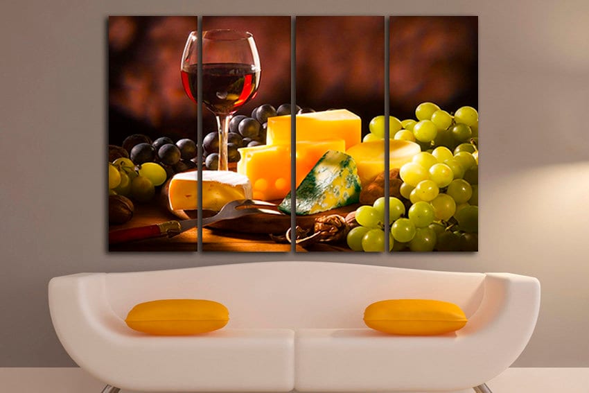 Red wine print on canvas Cheese decor Grapes art Wine kitchen gift Alcohol drink bar