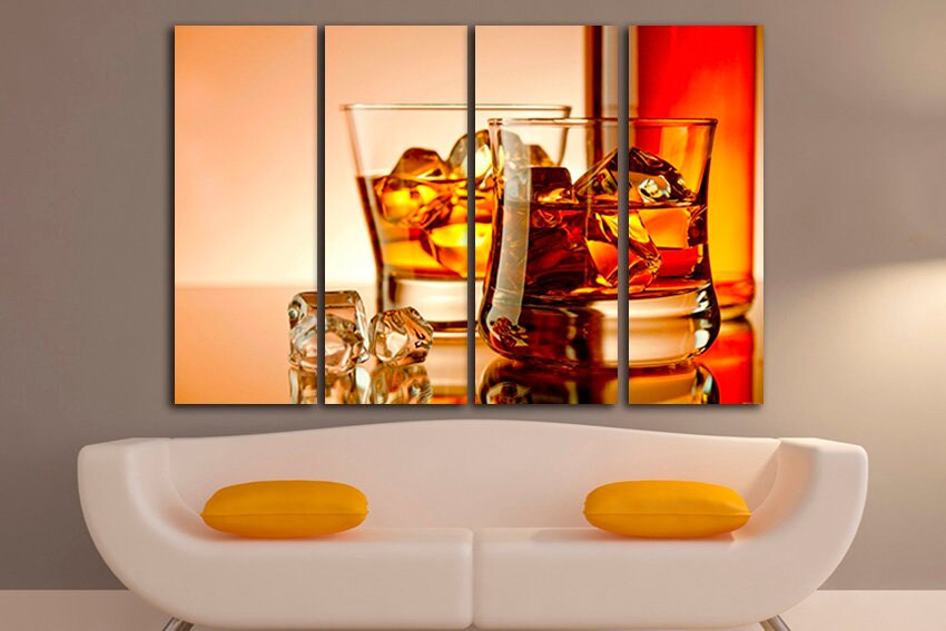 Glass whisky with ice wall art Alcoholic decor Kitchen canvas