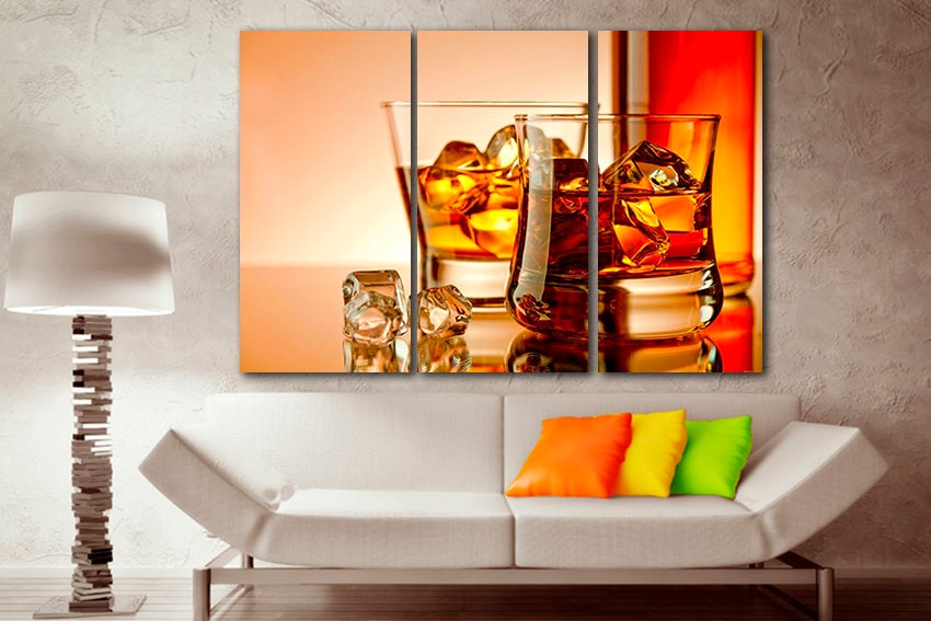 Glass whisky with ice wall art Alcoholic decor Kitchen canvas