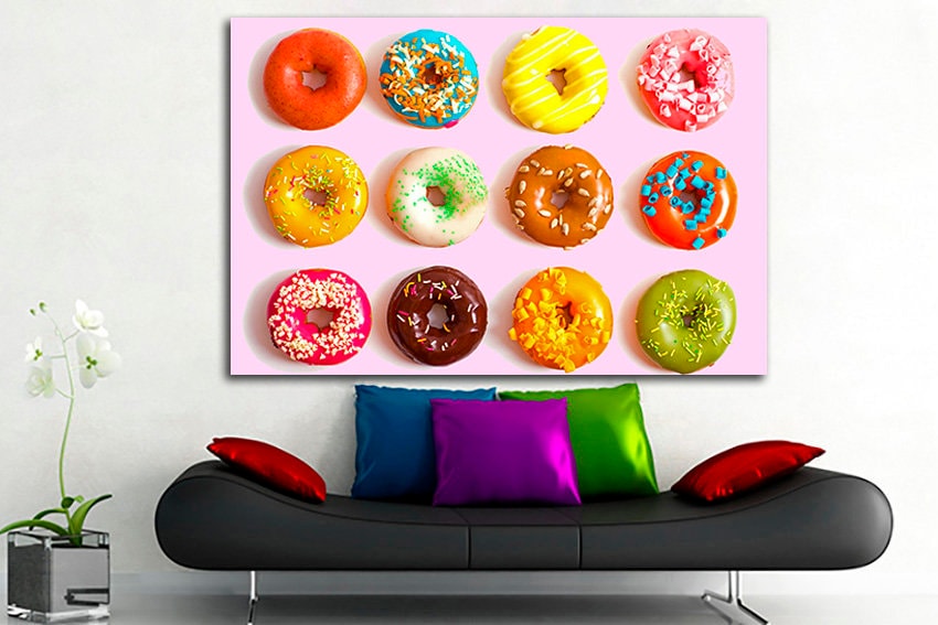 Donut print Cake wall art Kitchen Doughnut decor Colorful canvas