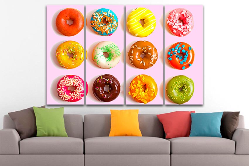 Donut print Cake wall art Kitchen Doughnut decor Colorful canvas