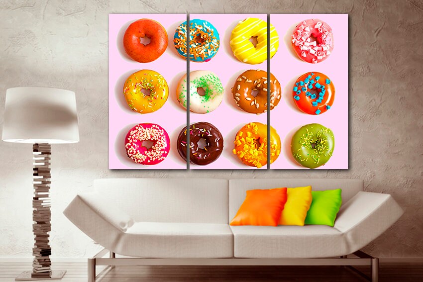 Donut print Cake wall art Kitchen Doughnut decor Colorful canvas