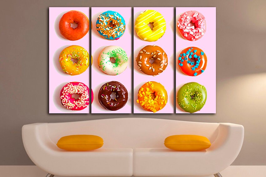 Donut print Cake wall art Kitchen Doughnut decor Colorful canvas
