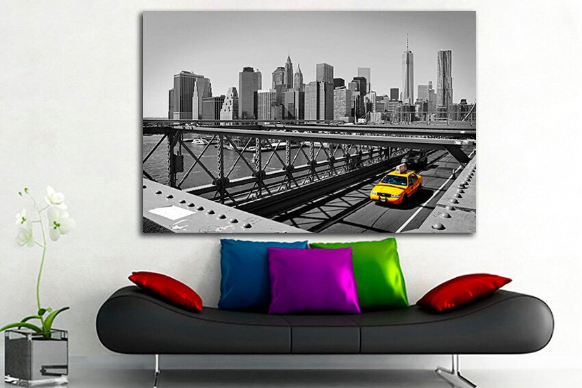 New York Yellow taxi canvas Cityscape NY Bridge travel print