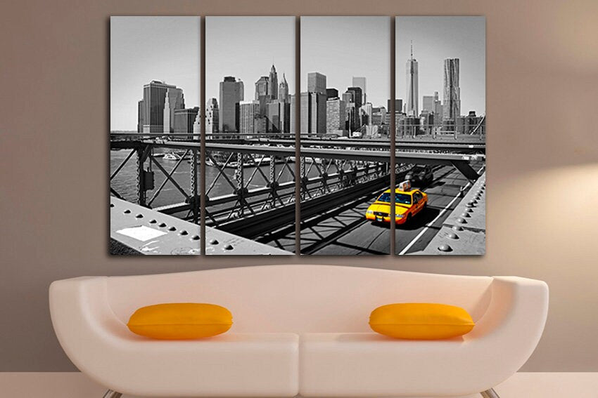 New York Yellow taxi canvas Cityscape NY Bridge travel print
