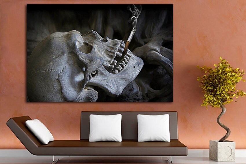 Wall art canvas Skull with cigarette Skull home decor Skull gift Watercolor skull Framed skull Human anatomy art Skull photo Skull canvas