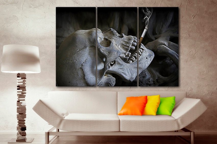Wall art canvas Skull with cigarette Skull home decor Skull gift Watercolor skull Framed skull Human anatomy art Skull photo Skull canvas