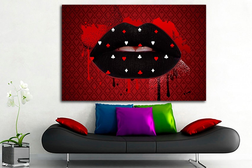 Black lips canvas Large canvas art Playing card decor Lips poster Lips gift Fashion wall art Girl wall decor Lip poster Kiss print Lip decor