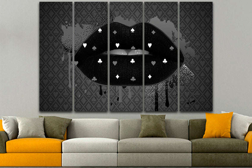 Black lips canvas Large canvas art Playing card decor Lips poster Lips gift Fashion wall art Girl wall decor Lip poster Kiss print Lip decor