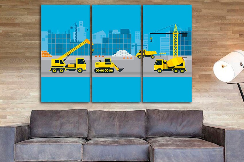 Construction canvas wall art Dump truck prints Bulldozer décor Vehicles kids artwork Cement truck