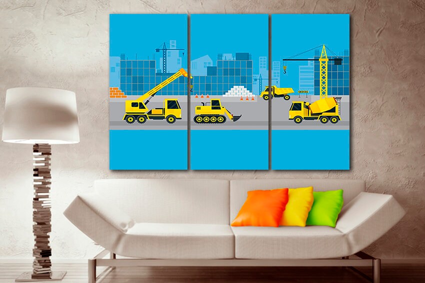 Construction canvas wall art Dump truck prints Bulldozer décor Vehicles kids artwork Cement truck