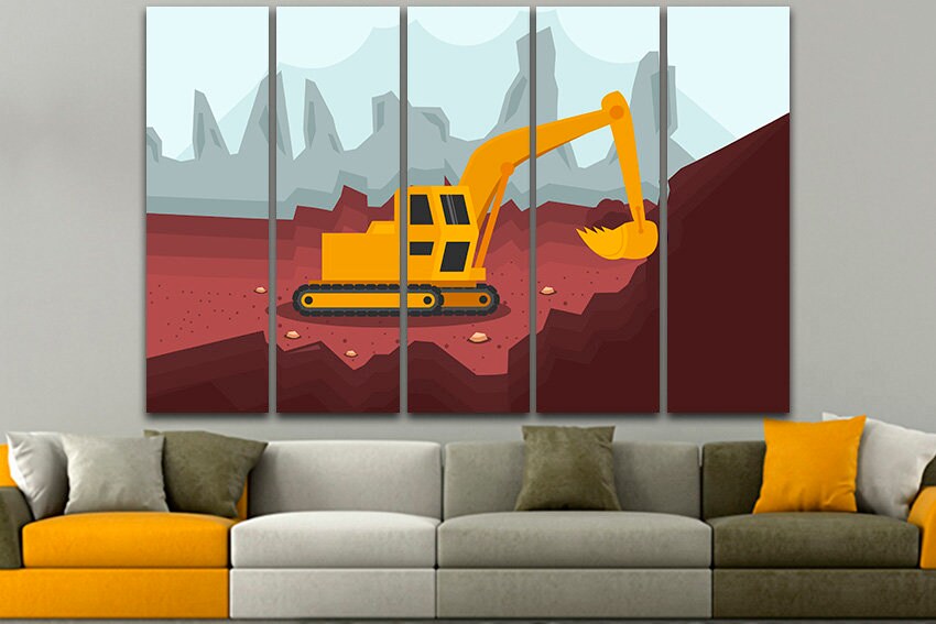 Excavator canvas Heavy equipment mechanism Dump truck print Tractor décor Vehicles Baby boy nursery art Playroom photo