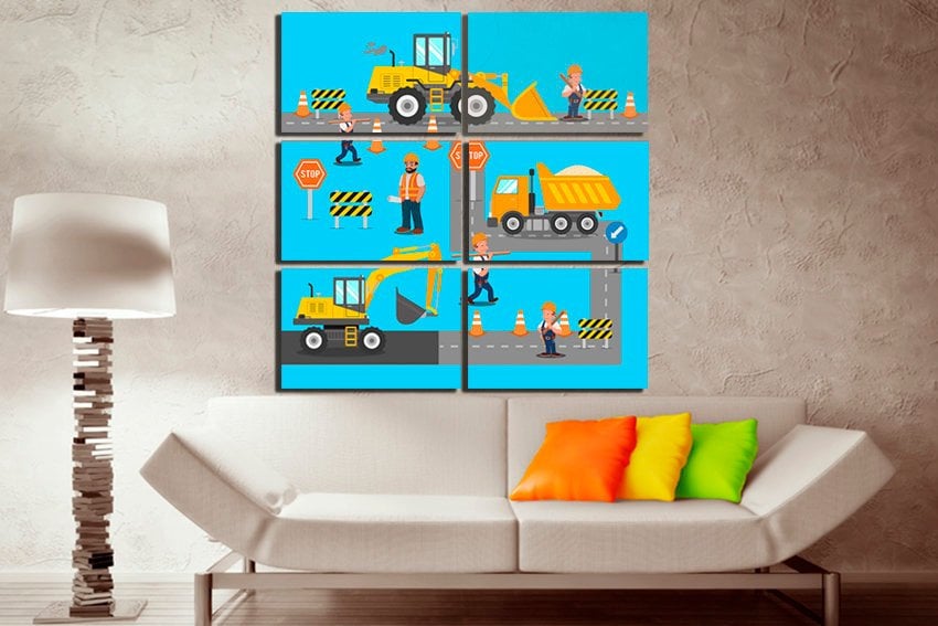 Road construction wall art canvas Tractor décor Kids Playroom print Engine artwork Construction workers