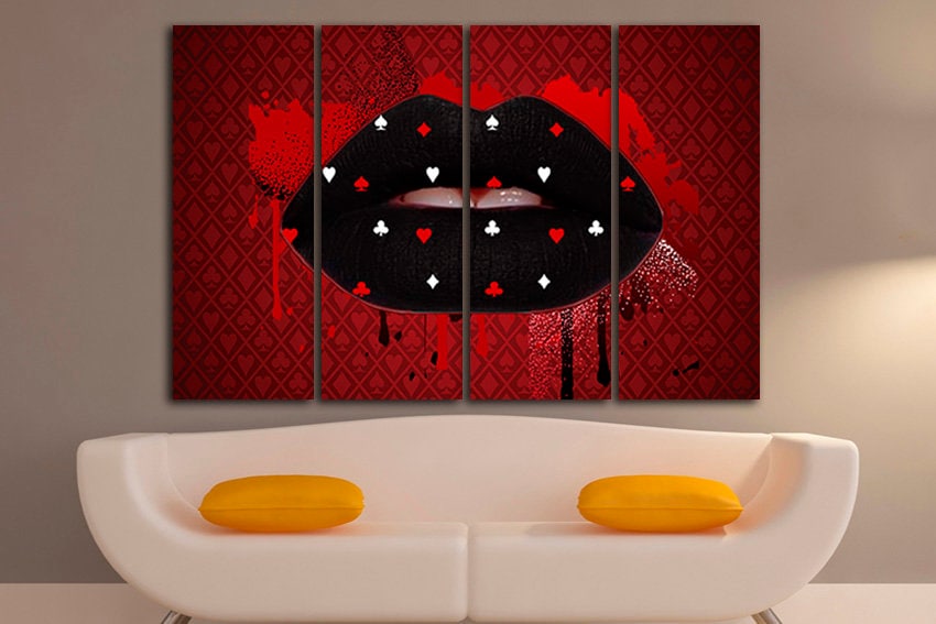 Black lips canvas Large canvas art Playing card decor Lips poster Lips gift Fashion wall art Girl wall decor Lip poster Kiss print Lip decor