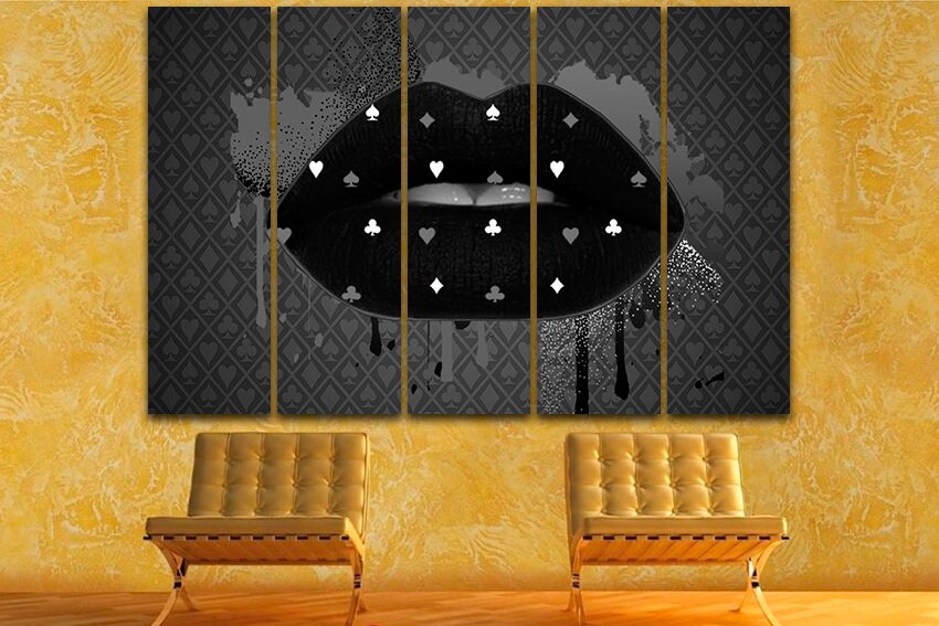 Black lips canvas Large canvas art Playing card decor Lips poster Lips gift Fashion wall art Girl wall decor Lip poster Kiss print Lip decor