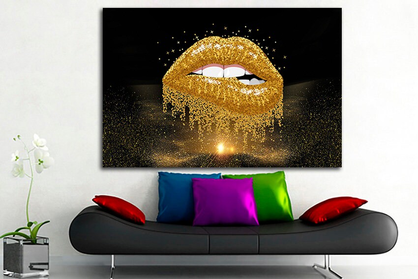 Gold lips canvas Large canvas art Glitter lips art Romantic print Lip poster Gift for her Fashion art Woman art Kiss print Lips wall décor