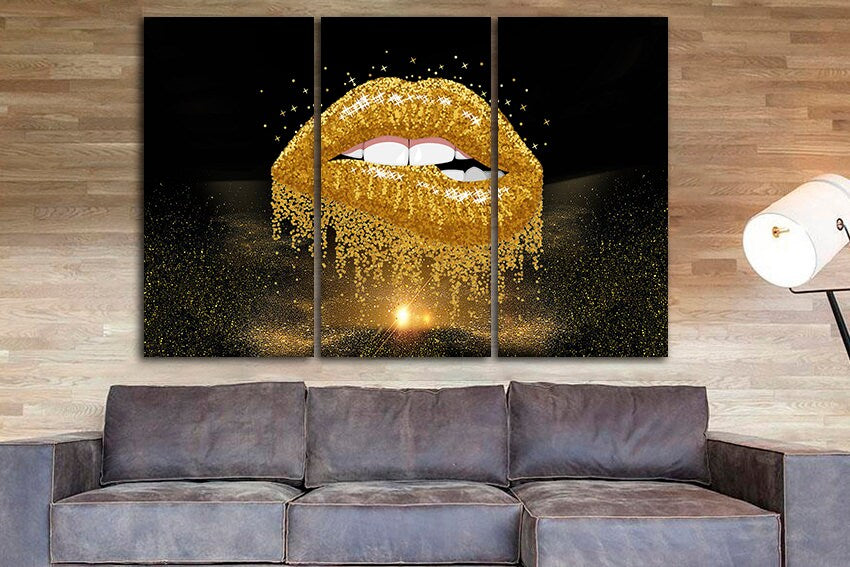 Gold lips canvas Large canvas art Glitter lips art Romantic print Lip poster Gift for her Fashion art Woman art Kiss print Lips wall décor