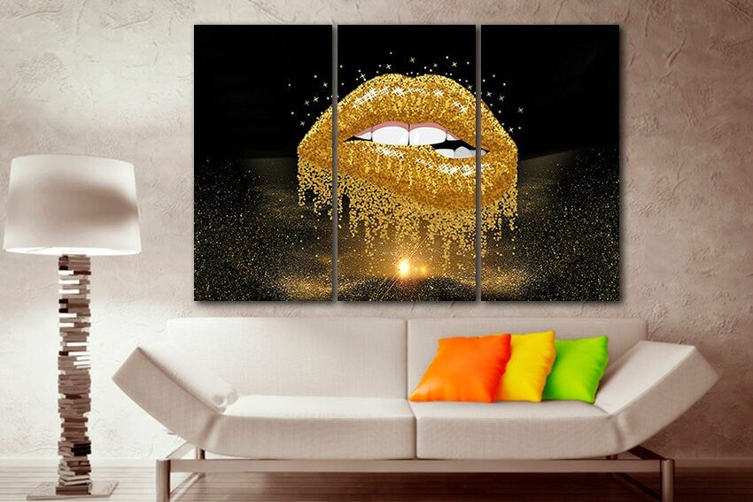 Gold lips canvas Large canvas art Glitter lips art Romantic print Lip poster Gift for her Fashion art Woman art Kiss print Lips wall décor
