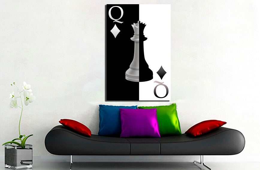 Chess piece Queen black white art canvas sports Game home decor Gift to chess player
