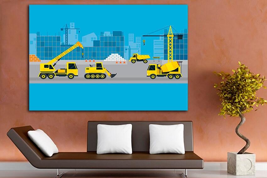 Construction canvas wall art Dump truck prints Bulldozer décor Vehicles kids artwork Cement truck