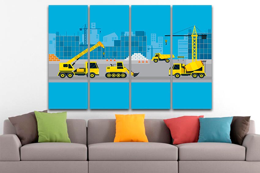 Construction canvas wall art Dump truck prints Bulldozer décor Vehicles kids artwork Cement truck