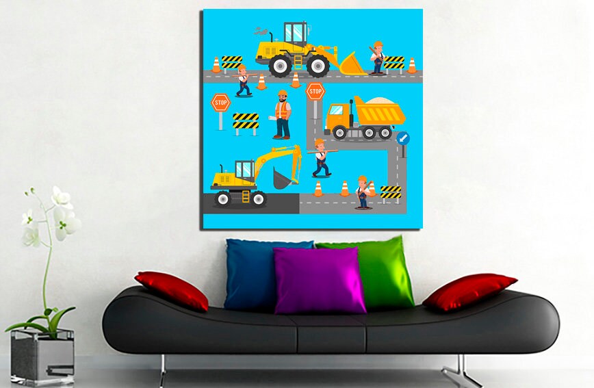 Road construction wall art canvas Tractor décor Kids Playroom print Engine artwork Construction workers