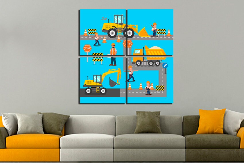 Road construction wall art canvas Tractor décor Kids Playroom print Engine artwork Construction workers