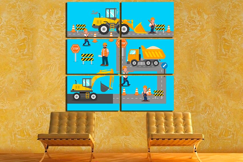Road construction wall art canvas Tractor décor Kids Playroom print Engine artwork Construction workers