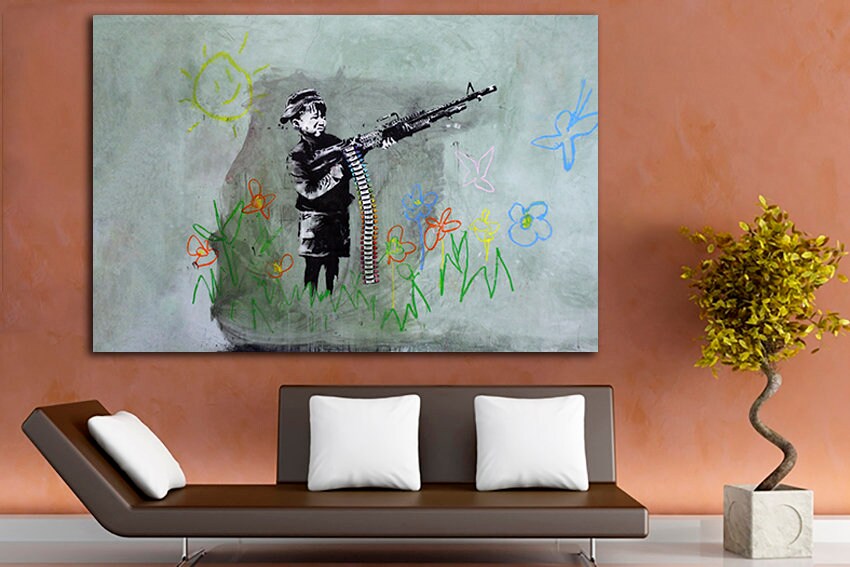 Crayon shooter Large canvas art Boy with weapon Thrower graffiti Mural wall art Graffiti print artist Boy decor Flower artwork