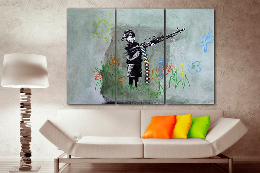 Crayon shooter Large canvas art Boy with weapon Thrower graffiti Mural wall art Graffiti print artist Boy decor Flower artwork