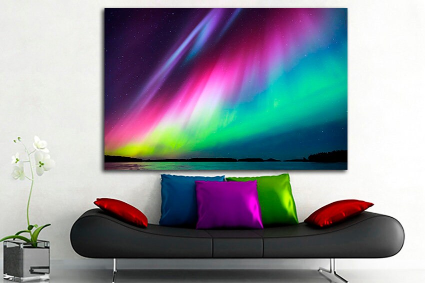 Aurora canvas Borealis wall art Northern light Lake décor Nature print Gift landscape Star sky art