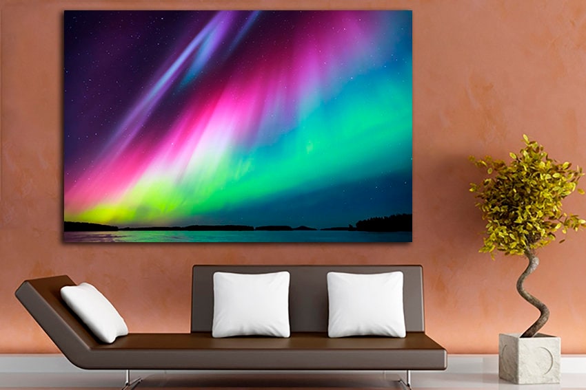 Aurora canvas Borealis wall art Northern light Lake décor Nature print Gift landscape Star sky art
