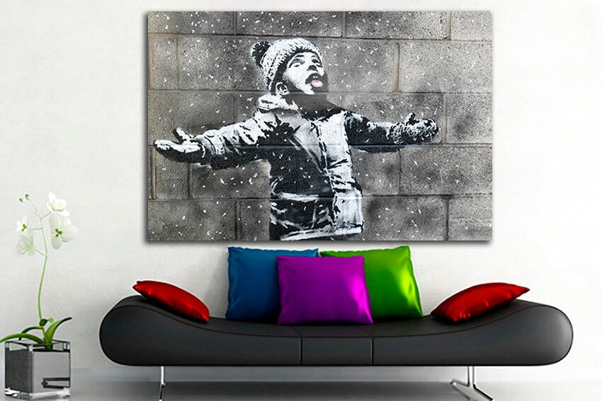 Snow wall art Print on canvas Ash mural art Graffiti decor Modern Snow Boy picture