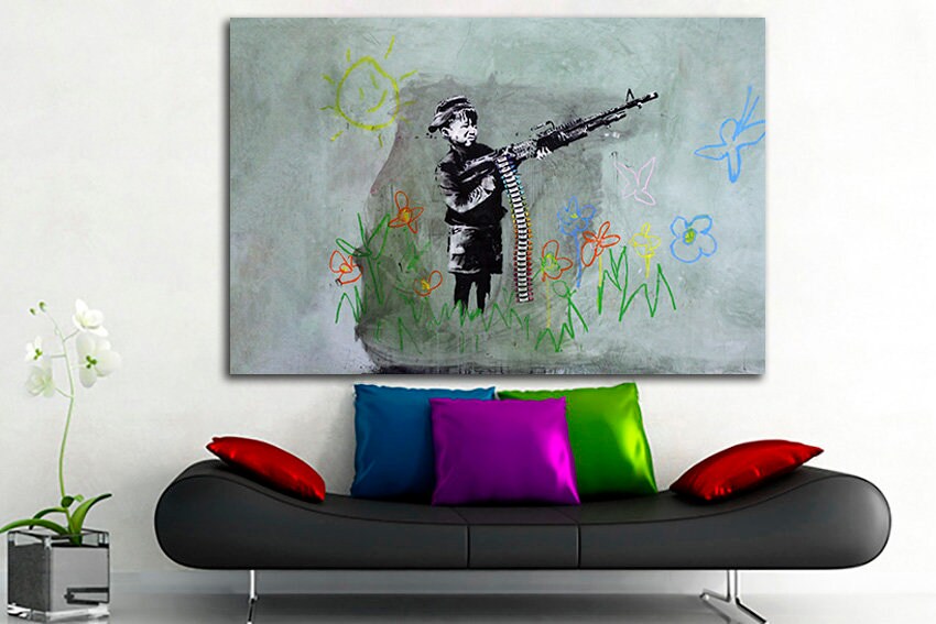 Crayon shooter Large canvas art Boy with weapon Thrower graffiti Mural wall art Graffiti print artist Boy decor Flower artwork