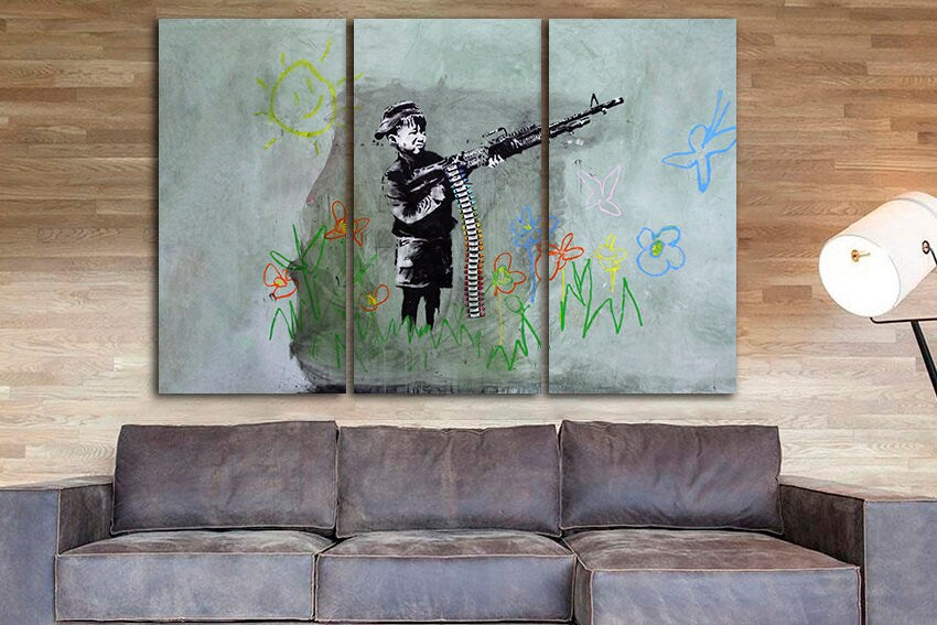 Crayon shooter Large canvas art Boy with weapon Thrower graffiti Mural wall art Graffiti print artist Boy decor Flower artwork