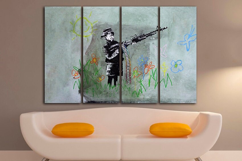 Crayon shooter Large canvas art Boy with weapon Thrower graffiti Mural wall art Graffiti print artist Boy decor Flower artwork
