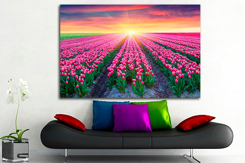 Tulip canvas Flowers field décor Floral wall art Botanical print Gift woman Ready to hang