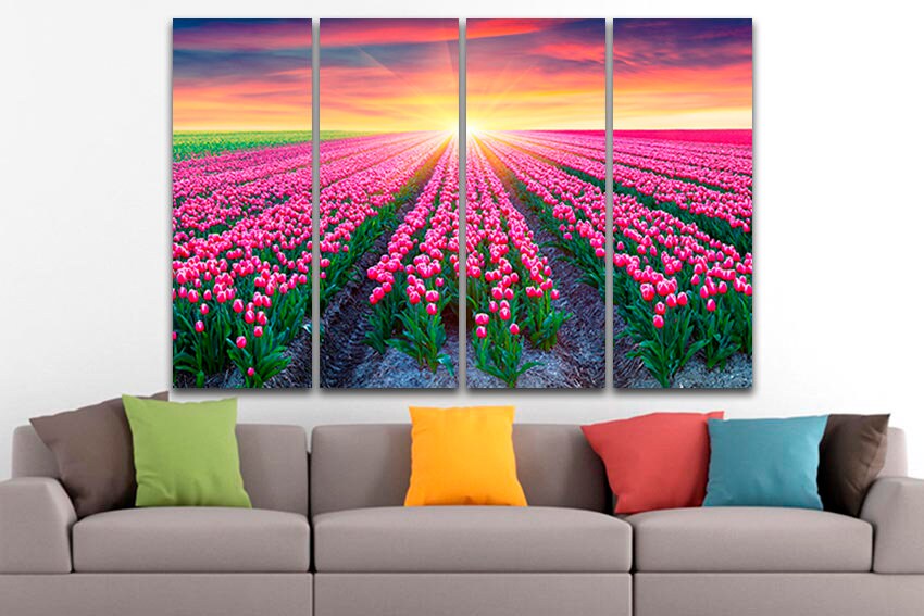 Tulip canvas Flowers field décor Floral wall art Botanical print Gift woman Ready to hang