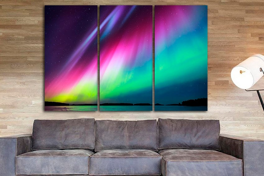 Aurora canvas Borealis wall art Northern light Lake décor Nature print Gift landscape Star sky art