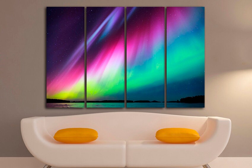 Aurora canvas Borealis wall art Northern light Lake décor Nature print Gift landscape Star sky art