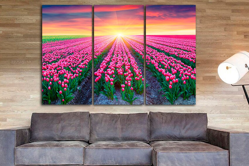 Tulip canvas Flowers field décor Floral wall art Botanical print Gift woman Ready to hang