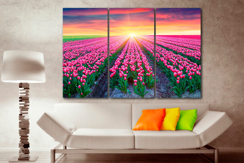 Tulip canvas Flowers field décor Floral wall art Botanical print Gift woman Ready to hang