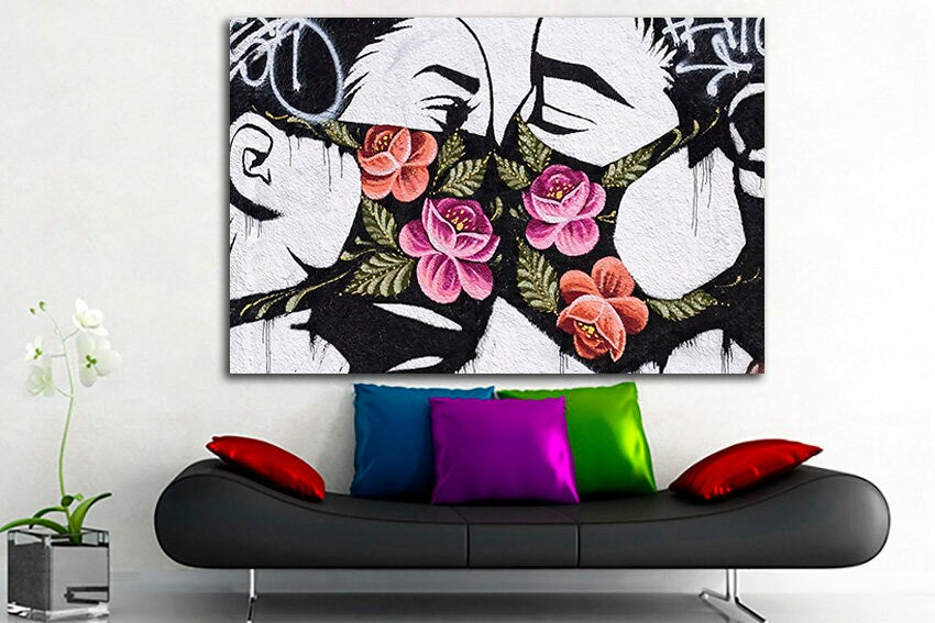 Mural art mask canvas Kiss print Lovers artwork Kissing décor Graffiti artwork