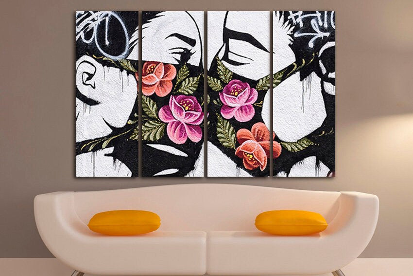 Mural art mask canvas Kiss print Lovers artwork Kissing décor Graffiti artwork