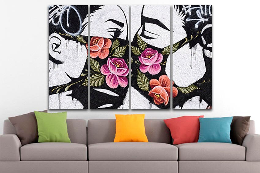 Mural art mask canvas Kiss print Lovers artwork Kissing décor Graffiti artwork